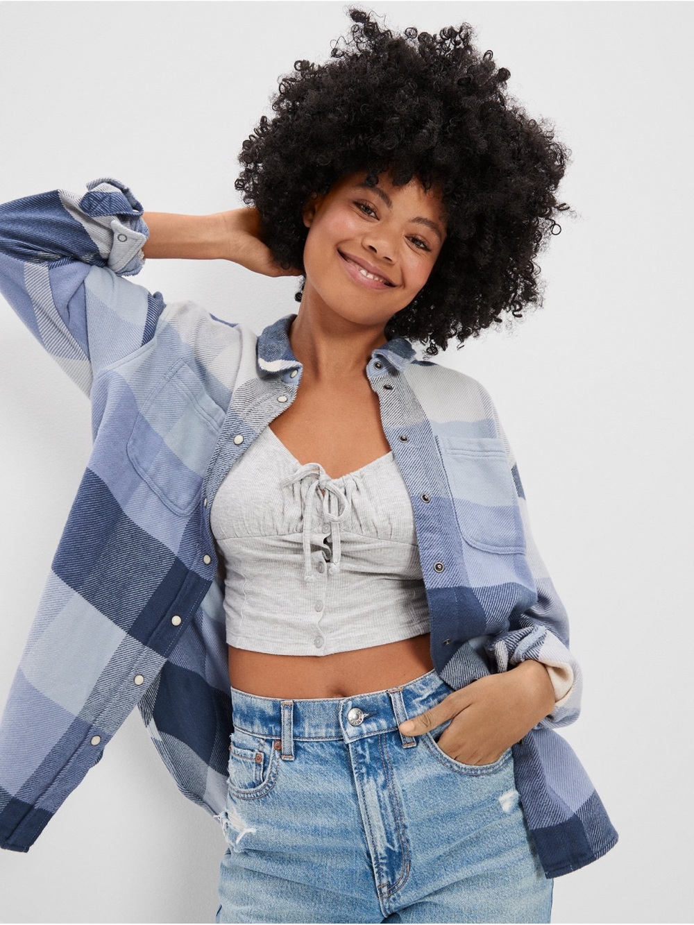 American Eagle Light Blue & Navy Plaid Shacket